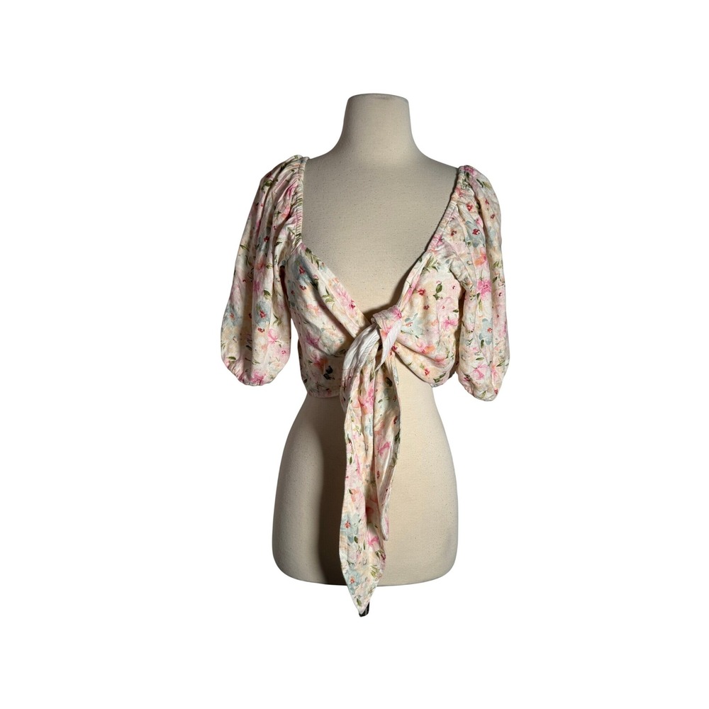 Abercrombie & Fitch Floralโ Tie Front Puff Sleeve Crop Top XL Cream Linen Blend